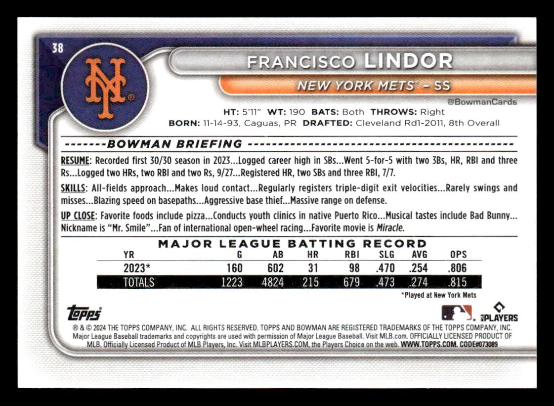 2024 Bowman #38 Francisco Lindor