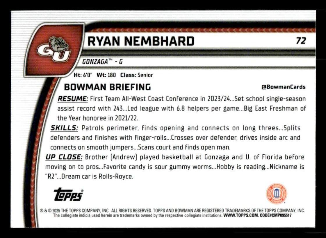 2024-25 Bowman University Chrome #72 Ryan Nembhard