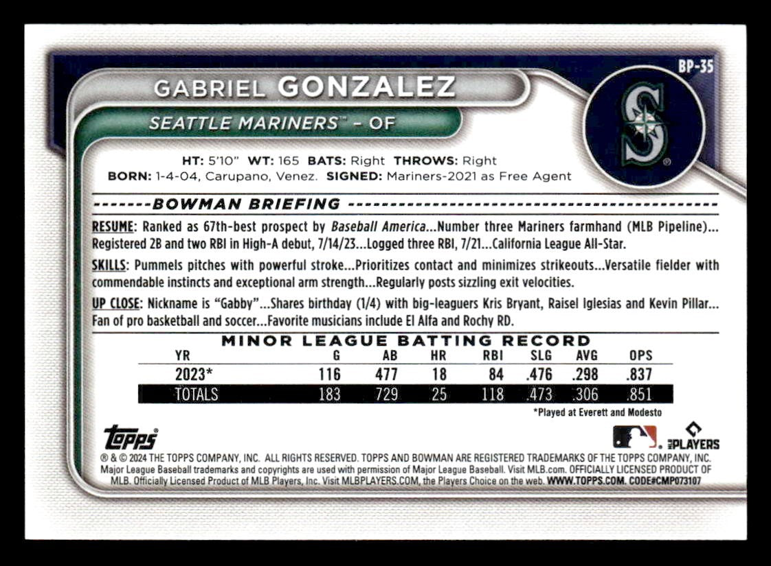 2024 Bowman #BP-35 Gabriel Gonzalez Prospects