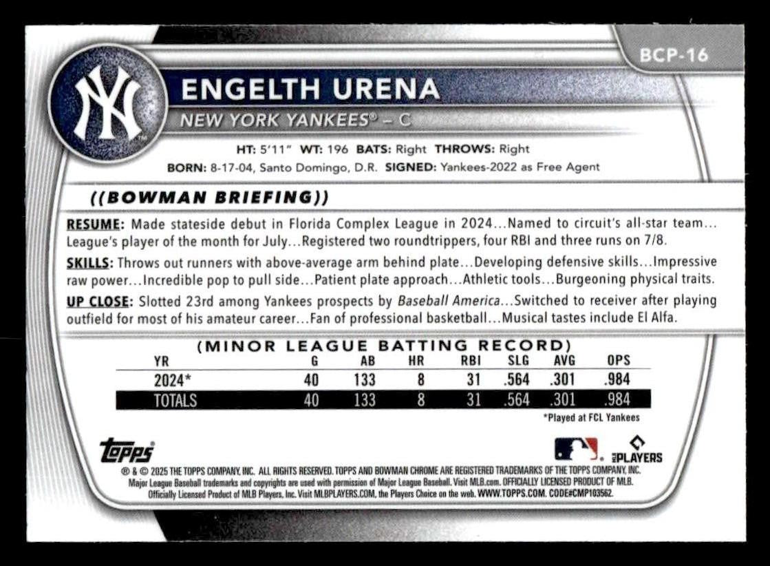 2025 Bowman #BCP-16 Engelth Urena Chrome Prospects Mega Refractor