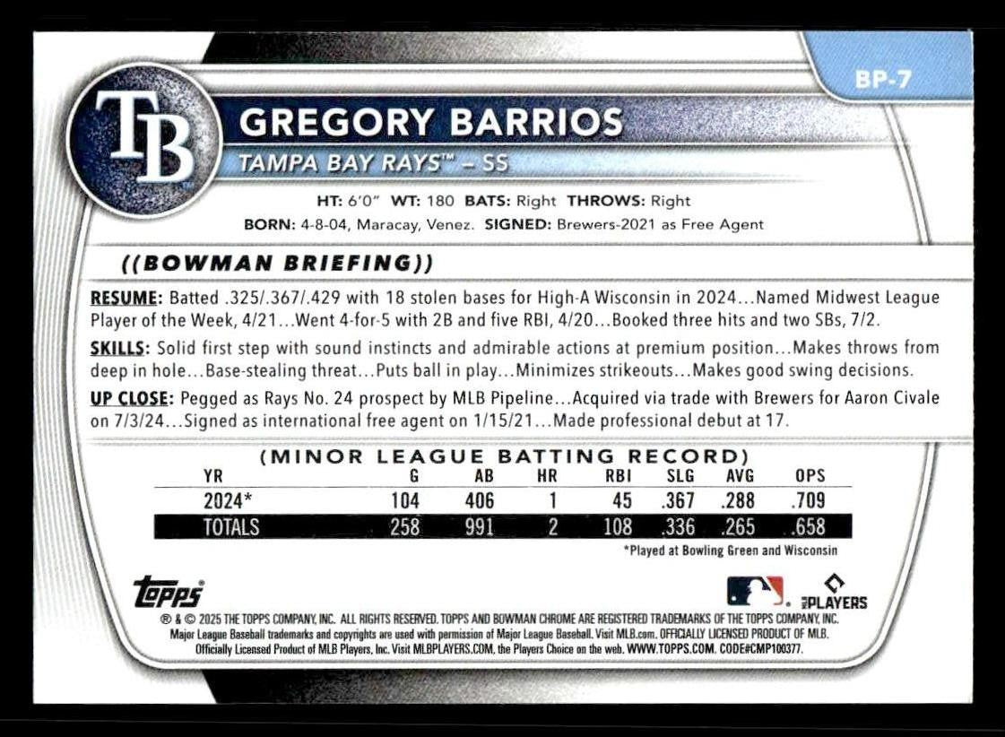 2025 Bowman #BP-7 Gregory Barrios Prospects