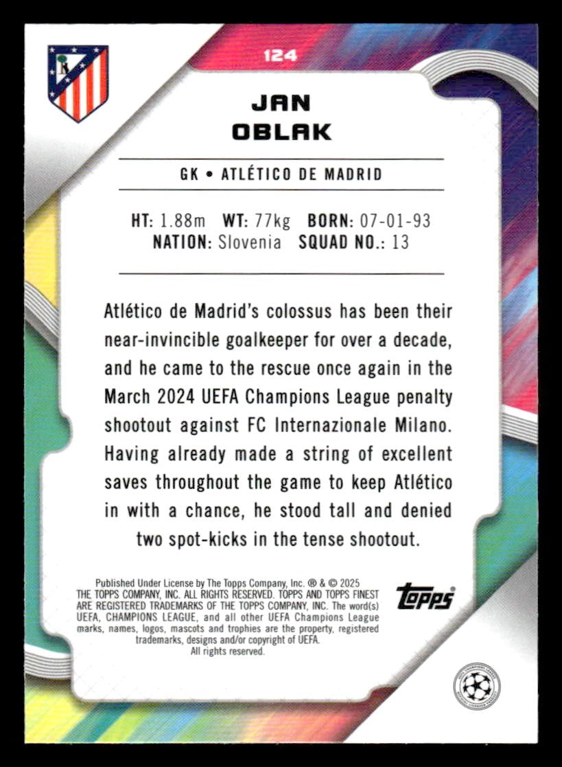 2024-25 Topps Finest UEFA Club Comp #124 Jan Oblak