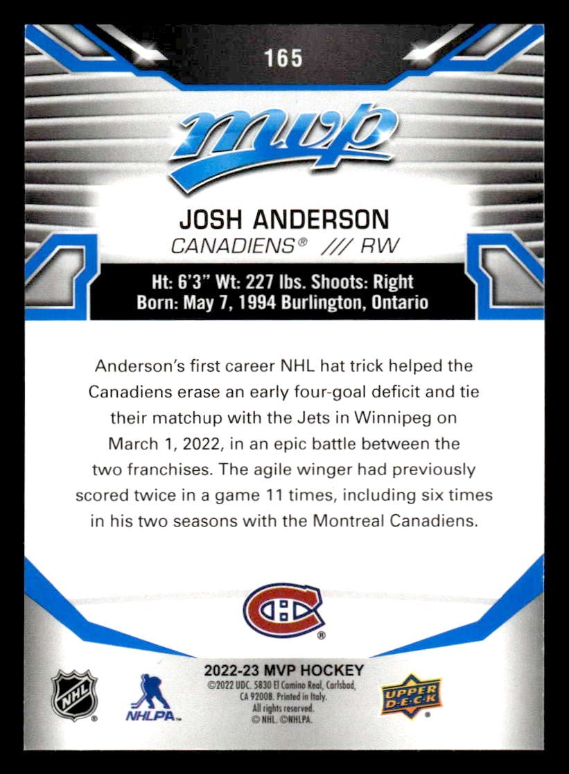 2022-23 Upper Deck MVP #165 Josh Anderson Blue Script
