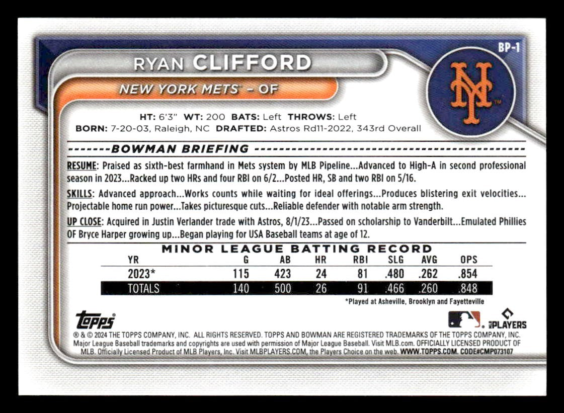 2024 Bowman #BP-1 Ryan Clifford Prospects
