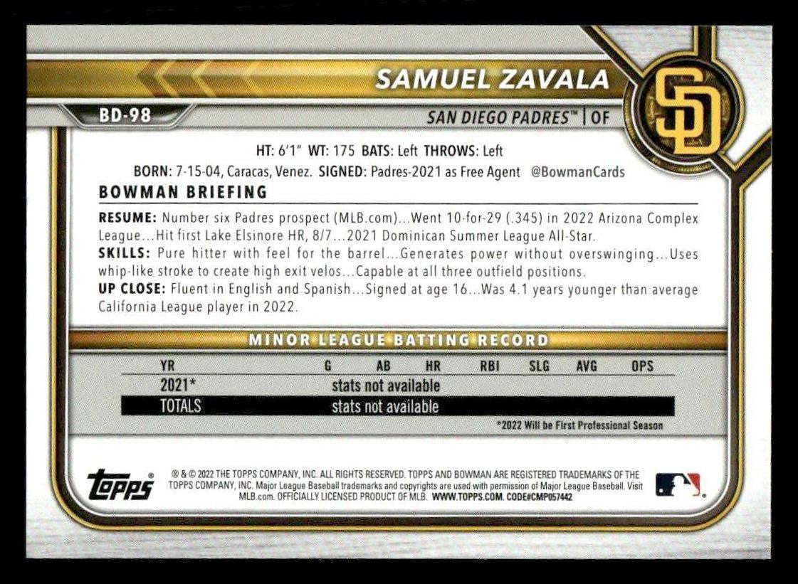 2022 Bowman Draft 1st Edition #BD-98 Samuel Zavala