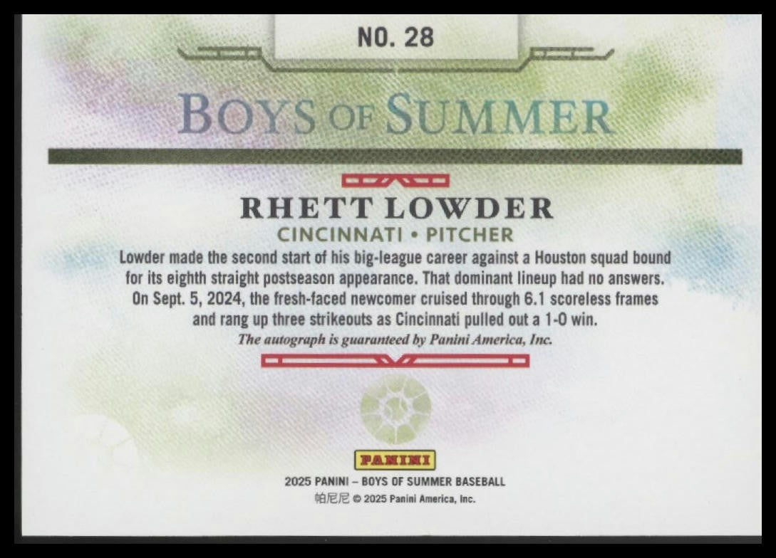 2025 Panini Boys of Summer #28 Rhett Lowder Jumbo Acetate Signatures #170/199