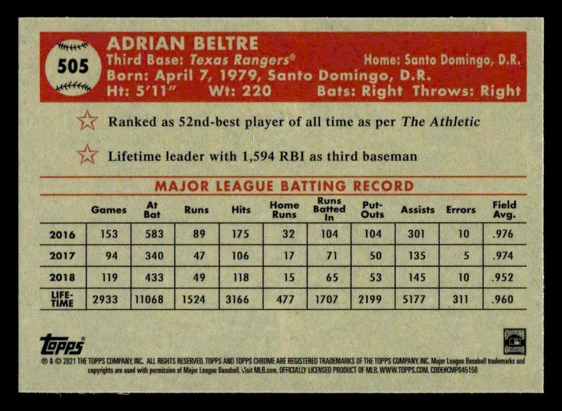 2021 Topps Chrome Platinum Anniversary #505 Adrian Beltre