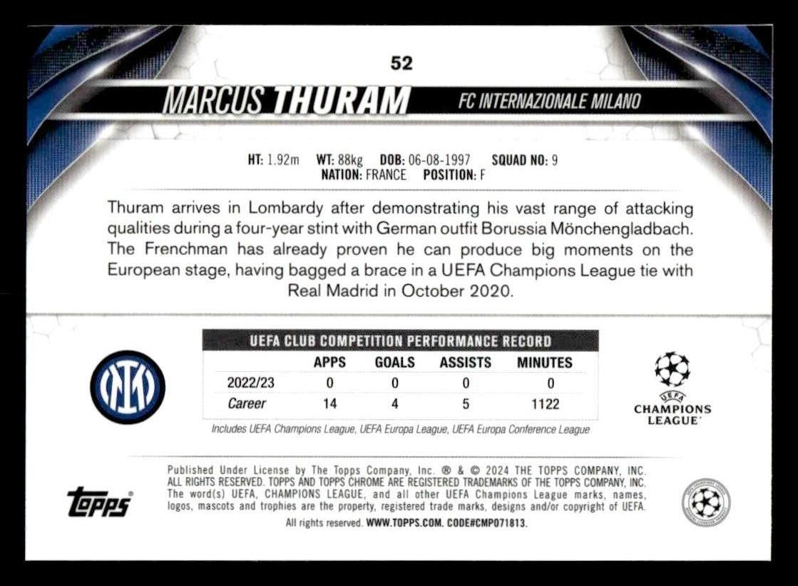 2023-24 Topps Chrome UEFA Club Competitions #52 Marcus Thuram