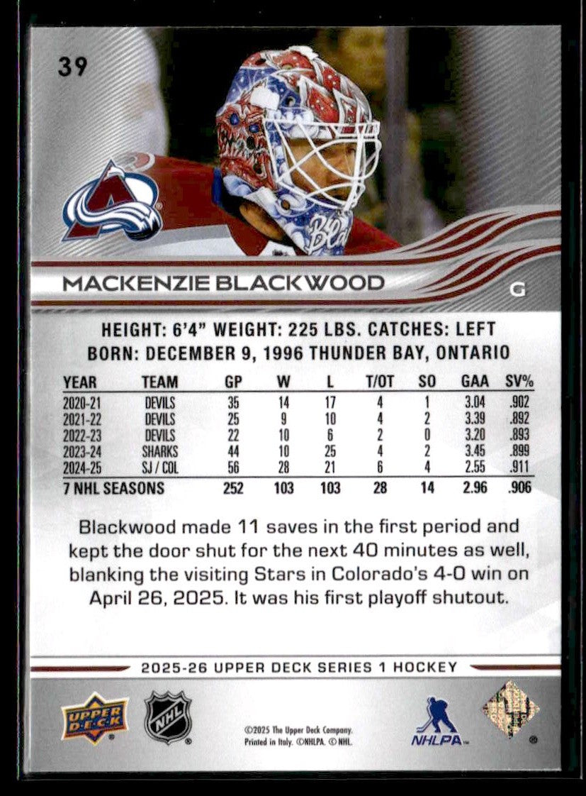 2025-26 Upper Deck #39 Mackenzie Blackwood