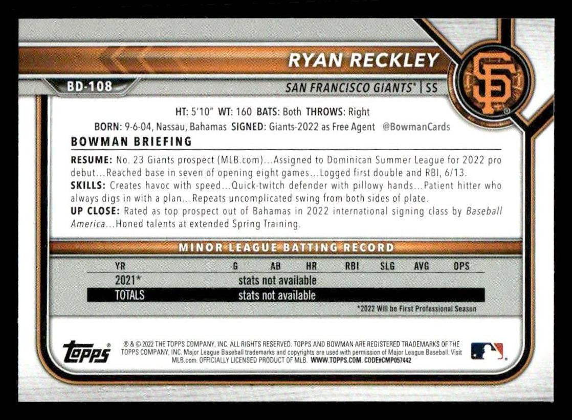 2022 Bowman Draft 1st Edition #BD-108 Ryan Reckley
