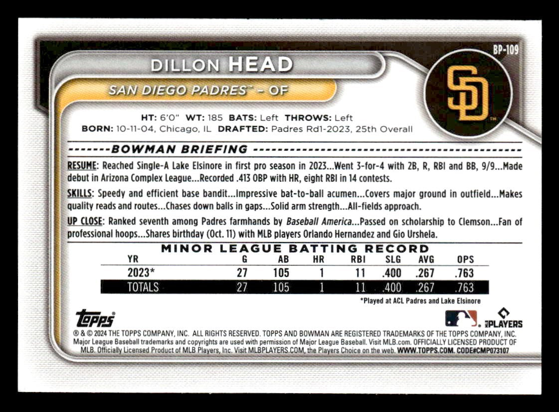2024 Bowman #BP-109 Dillon Head Prospects