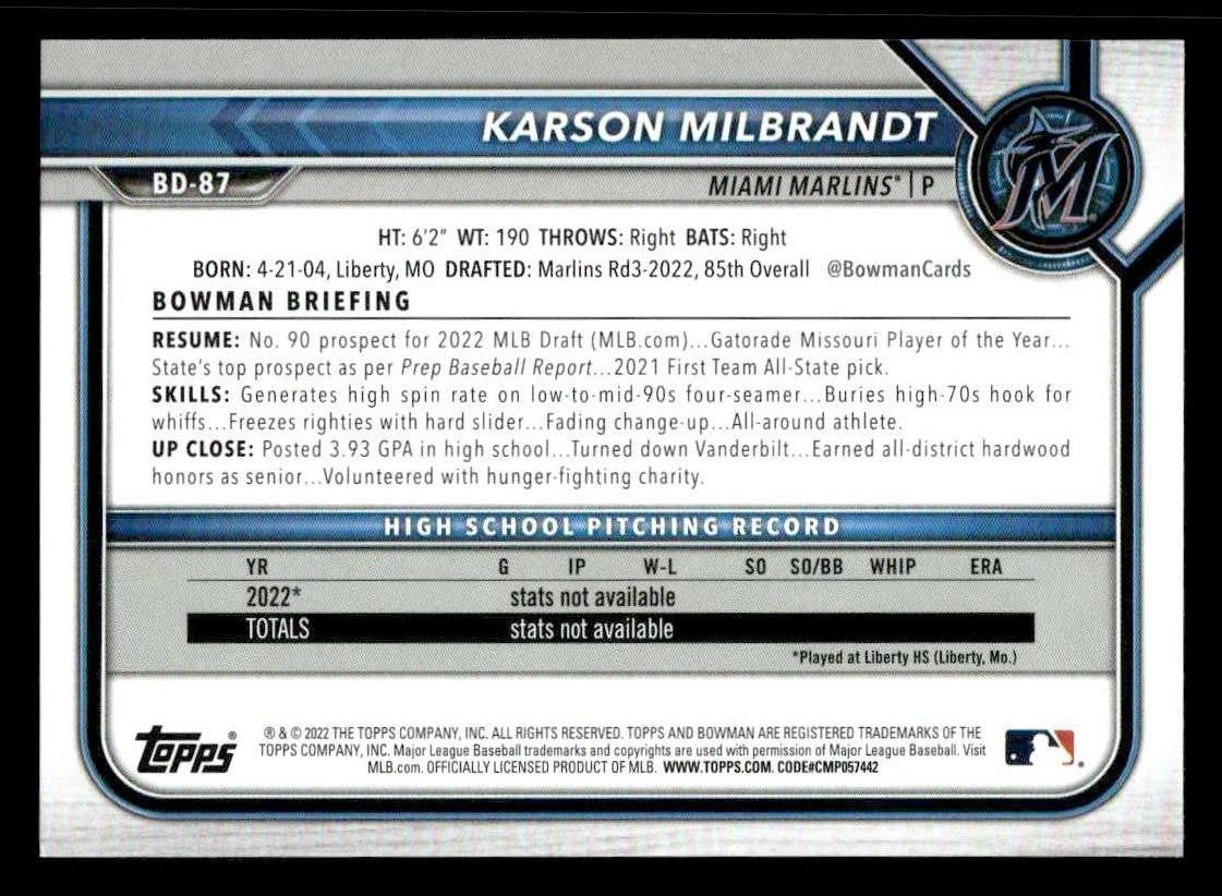 2022 Bowman Draft 1st Edition #BD-87 Karson Milbrandt