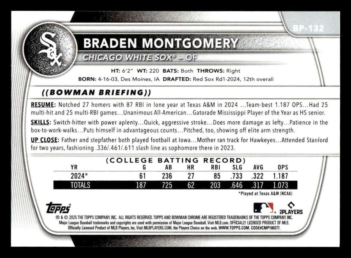2025 Bowman #BP-132 Braden Montgomery Prospects