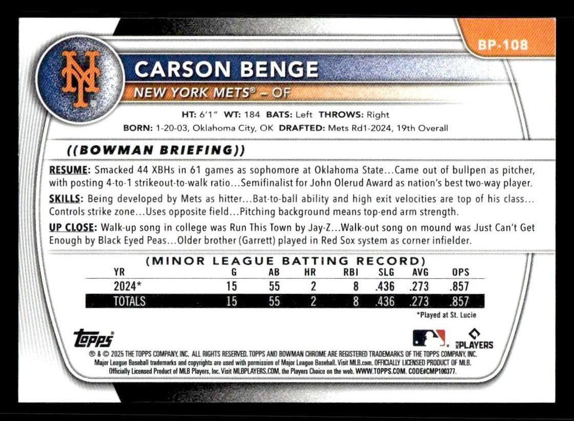 2025 Bowman #BP-108 Carson Benge Prospects