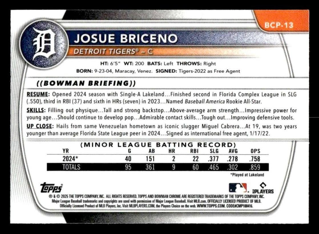2025 Bowman #BCP-13 Josue Briceno Chrome Prospects