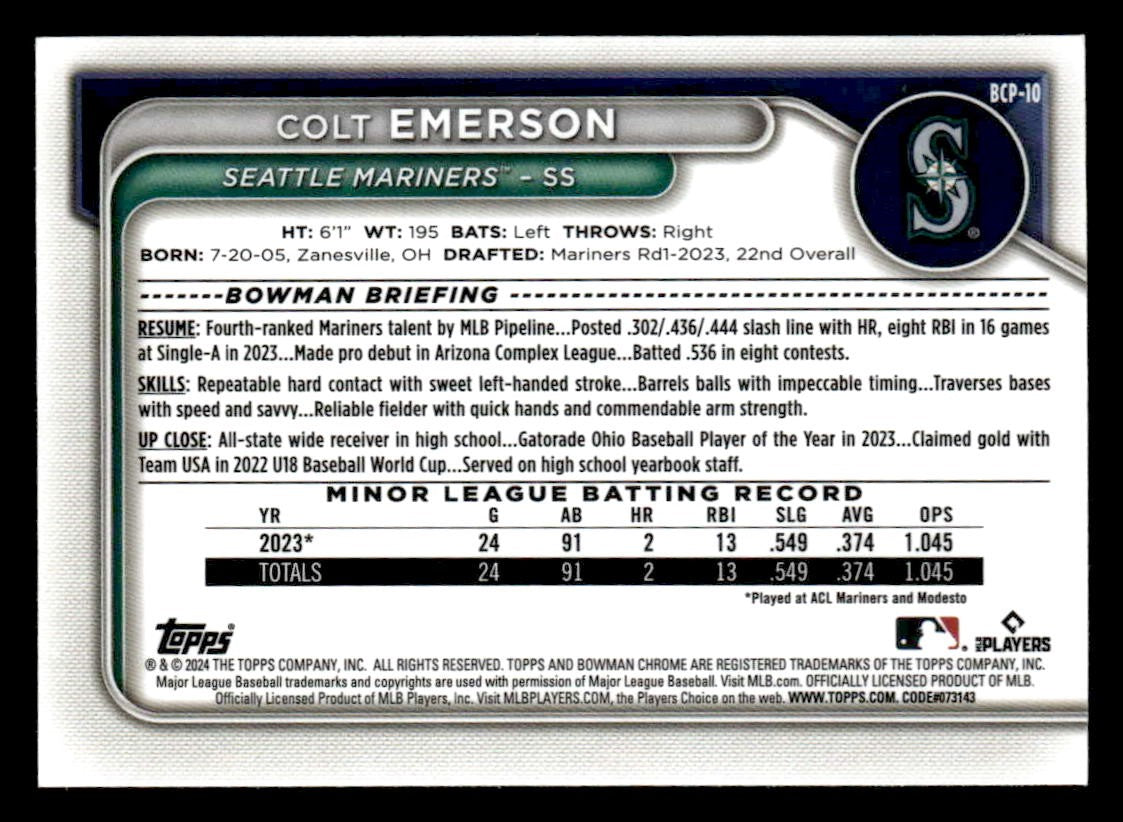 2024 Bowman #BCP-10 Colt Emerson Chrome Prospects