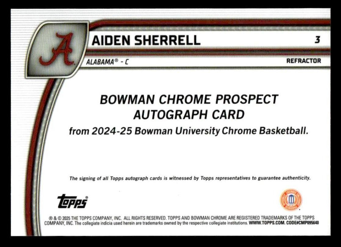 2024-25 Bowman U Chrome #3 Aiden Sherrell Prospects Autographs Refractor