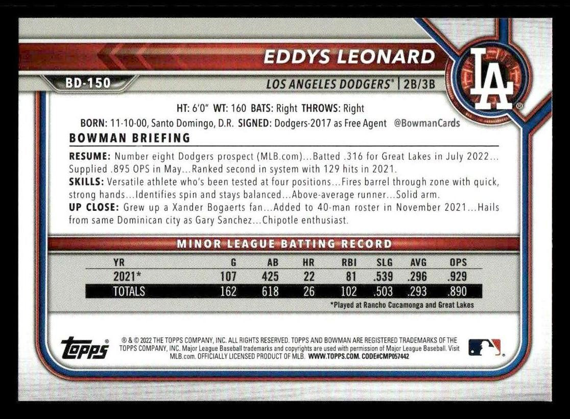 2022 Bowman Draft 1st Edition #BD-150 Eddys Leonard