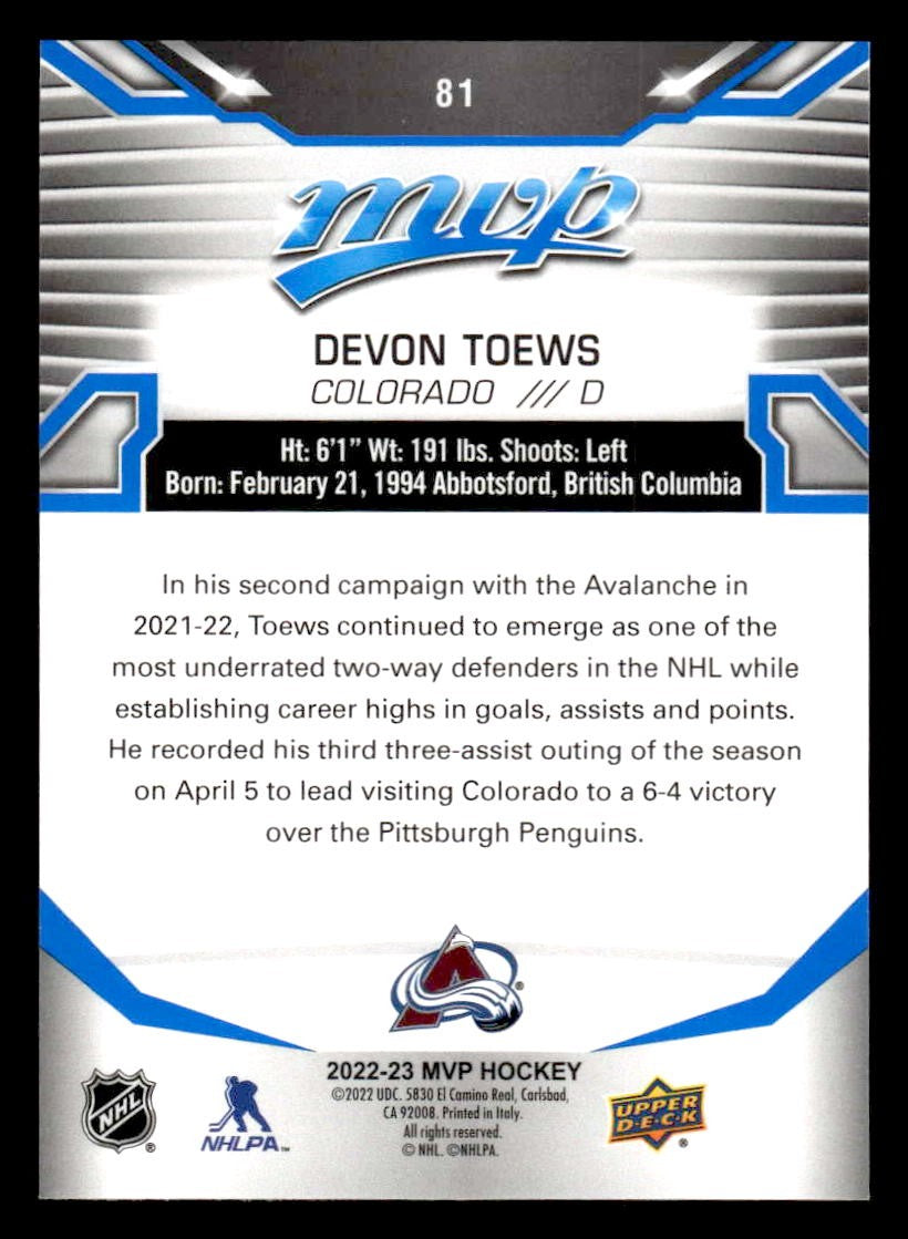 2022-23 Upper Deck MVP #81 Devon Toews Blue Script