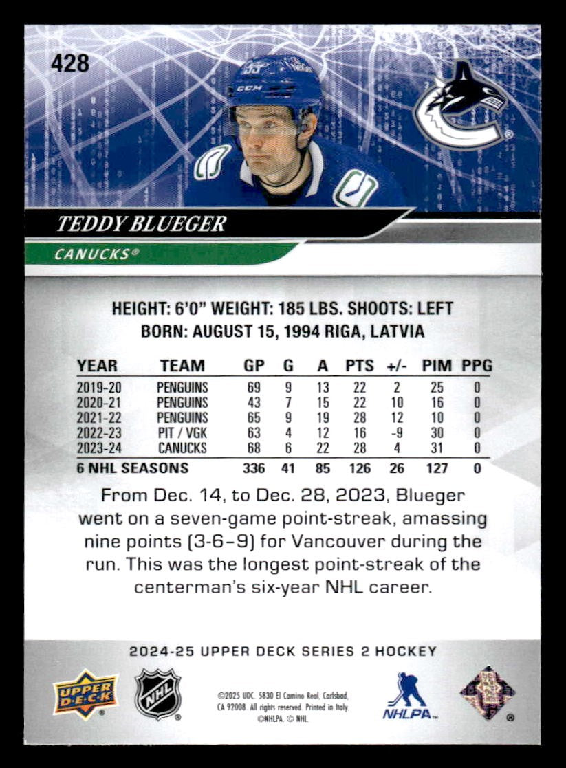 2024-25 Upper Deck #428 Teddy Blueger Deluxe #/250