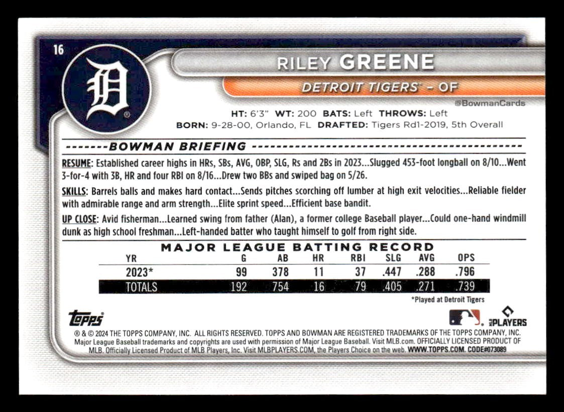 2024 Bowman #16 Riley Greene