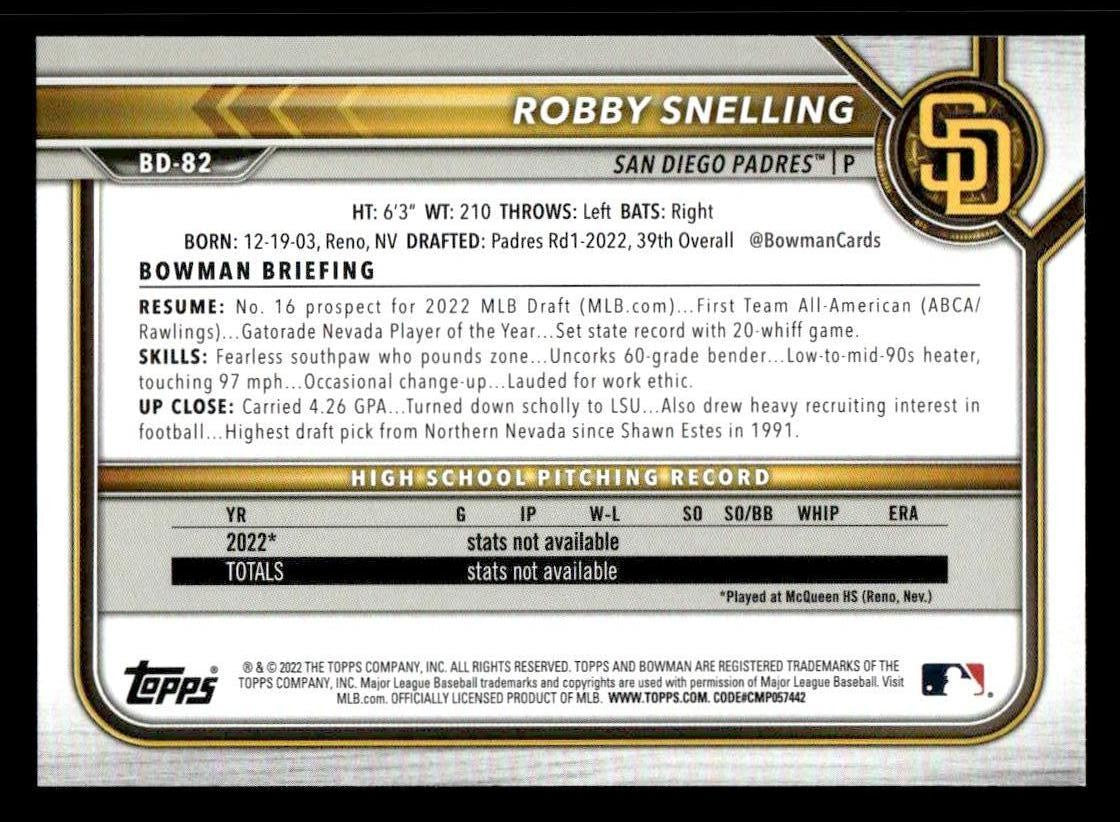 2022 Bowman Draft 1st Edition #BD-82 Robby Snelling