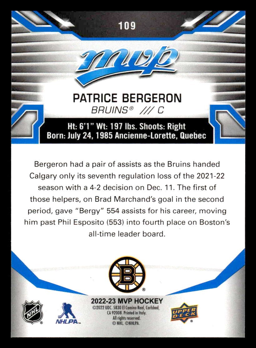 2022-23 Upper Deck MVP #109 Patrice Bergeron Blue Script
