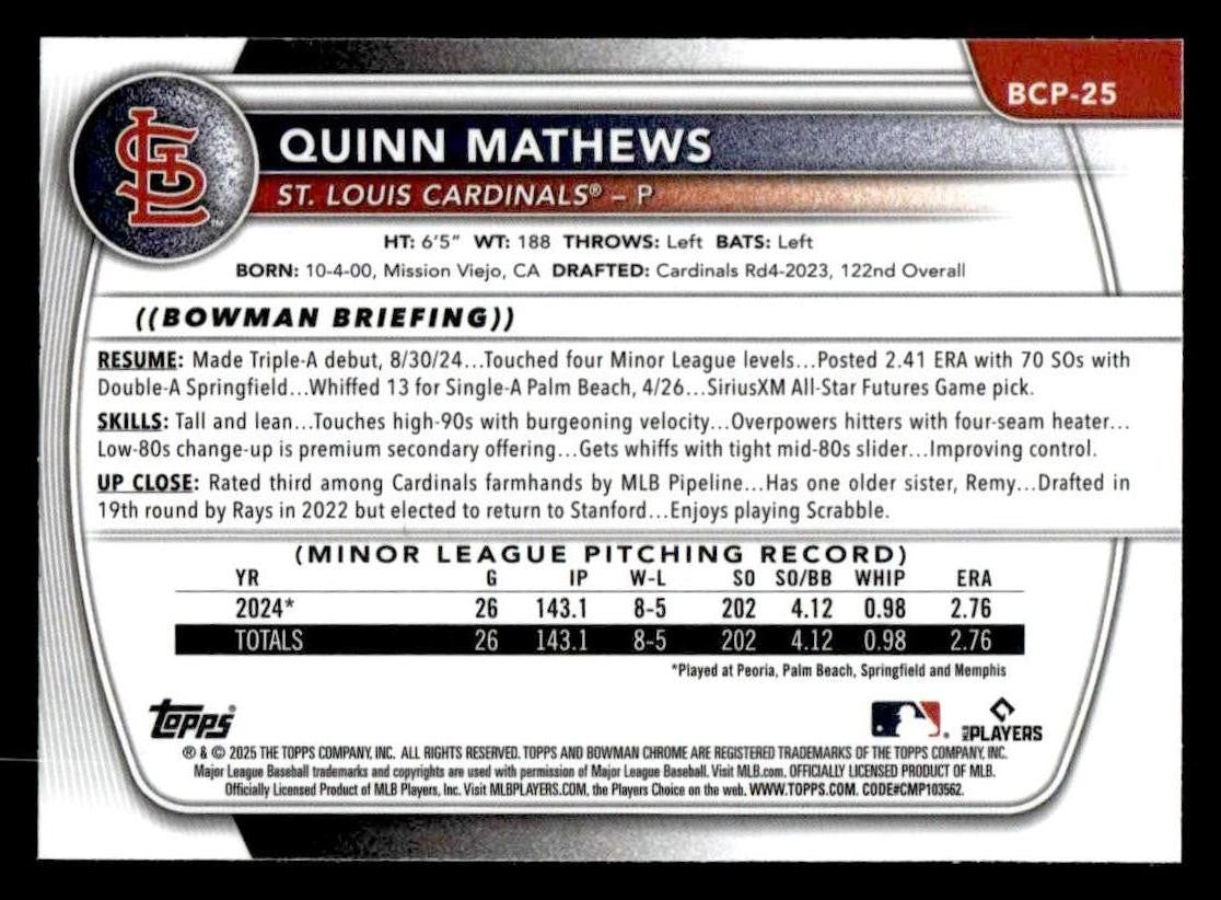 2025 Bowman #BCP-25 Quinn Mathews Chrome Prospects Mega Refractor