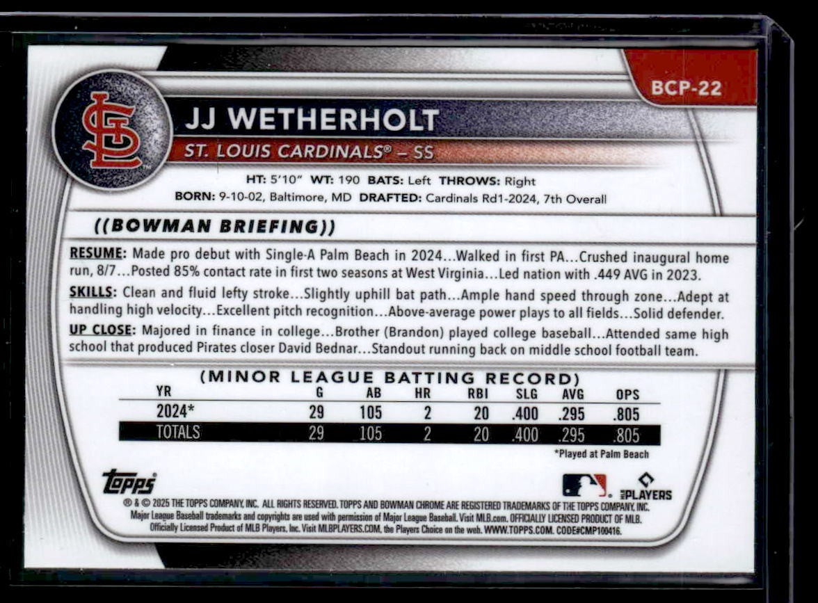 2025 Bowman #BCP-22 JJ Wetherholt Chrome Prospects