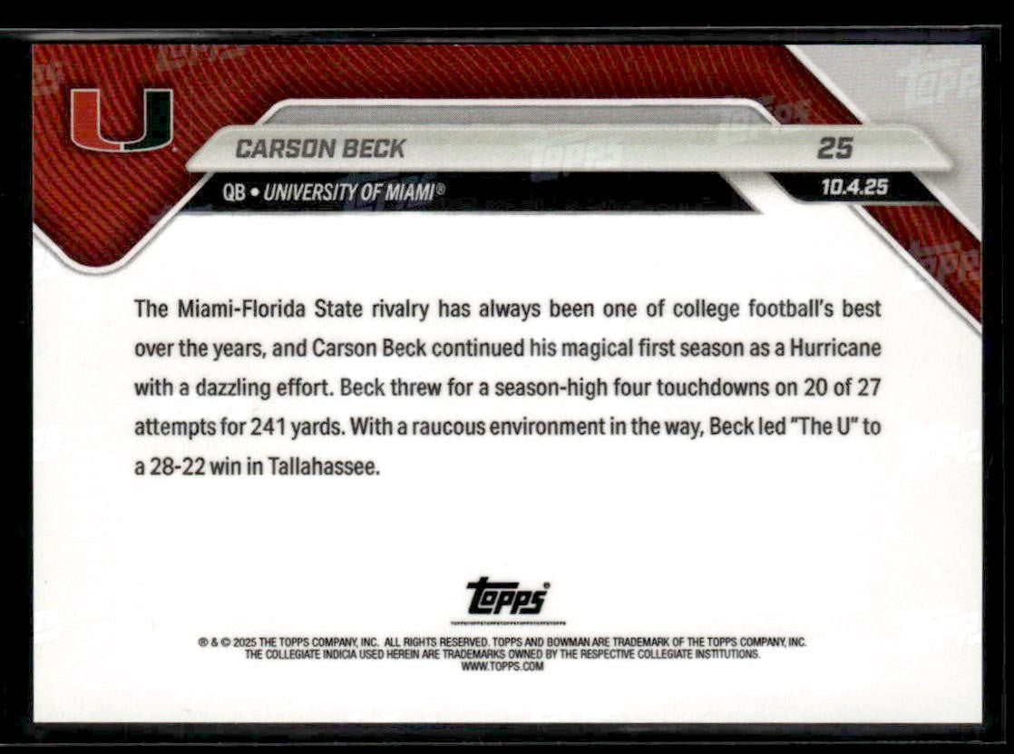 2025-26 Bowman U Now #25 Carson Beck