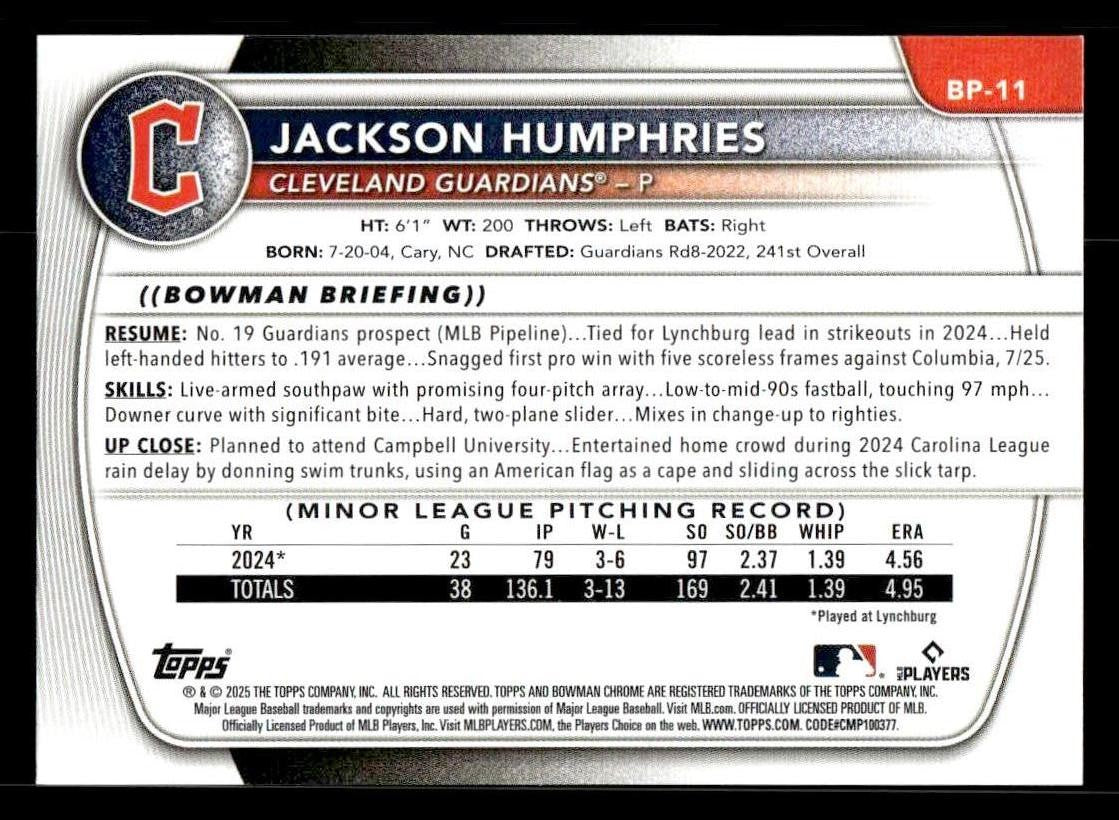 2025 Bowman #BP-11 Jackson Humphries Prospects