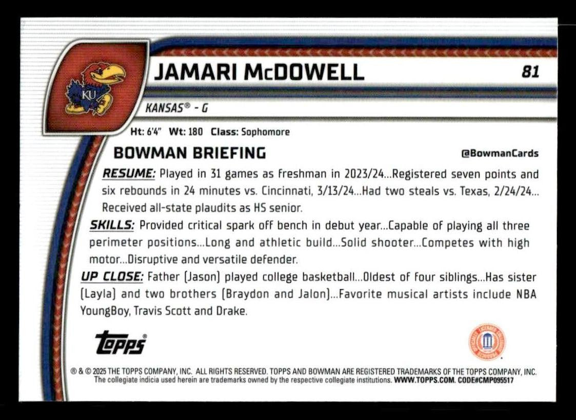 2024-25 Bowman University Chrome #81 Jamari McDowell