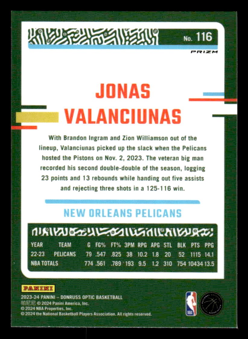 2023-24 Donruss Optic #116 Jonas Valanciunas Choice Red and Green