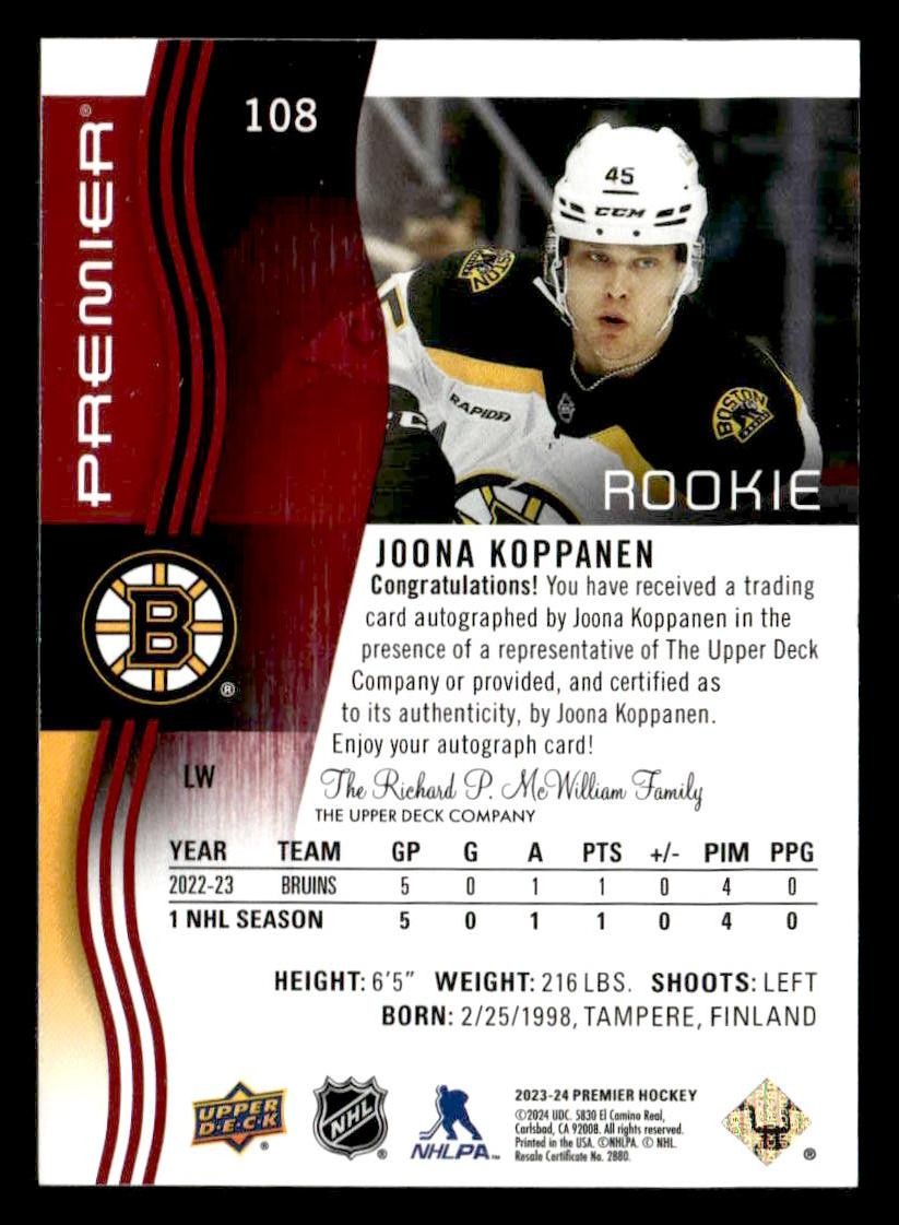 2023-24 Upper Deck Premier #108 Joona Koppanen Auto