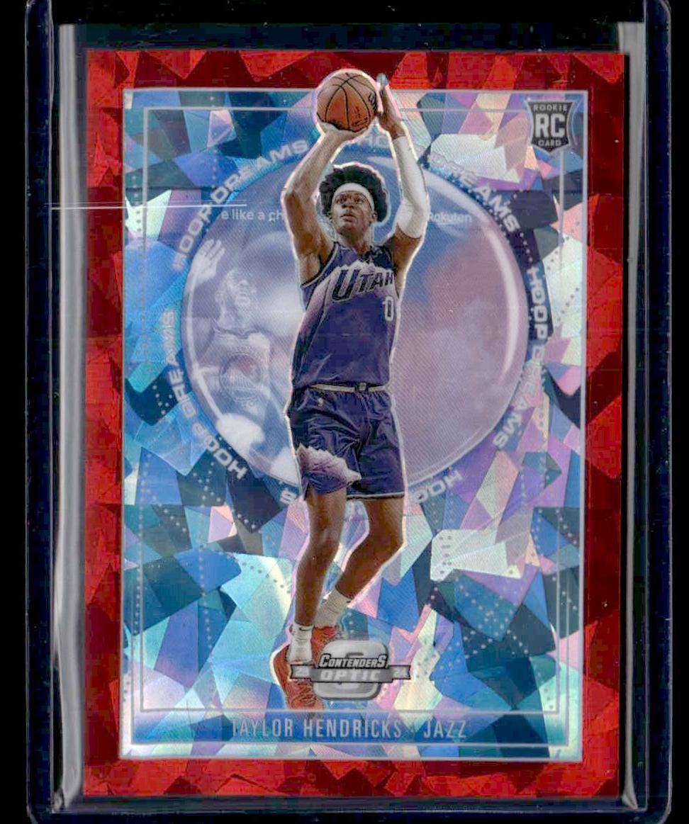 2023-24 Panini Contenders Optic #22 Taylor Hendricks Hoop Dreams Red Ice #/175