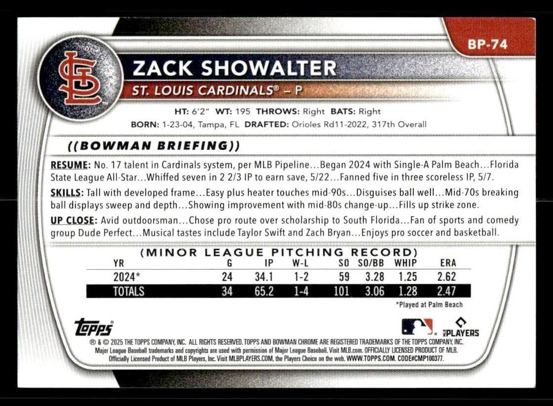 2025 Bowman #BP-74 Zack Showalter Prospects