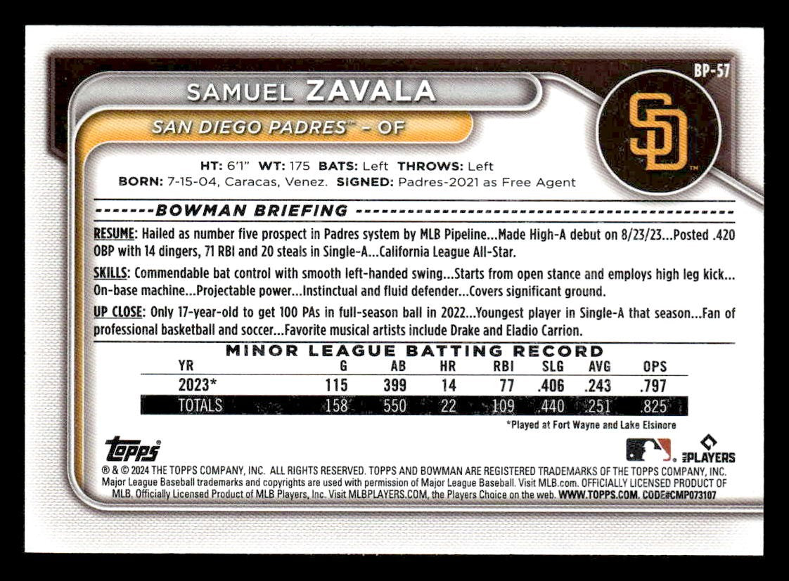 2024 Bowman #BP-57 Samuel Zavala Prospects