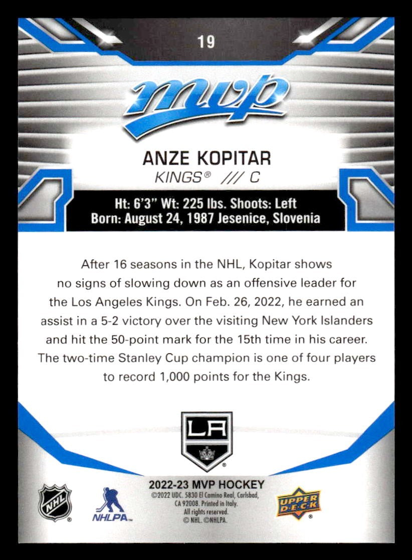 2022-23 Upper Deck MVP #19 Anze Kopitar Blue Script
