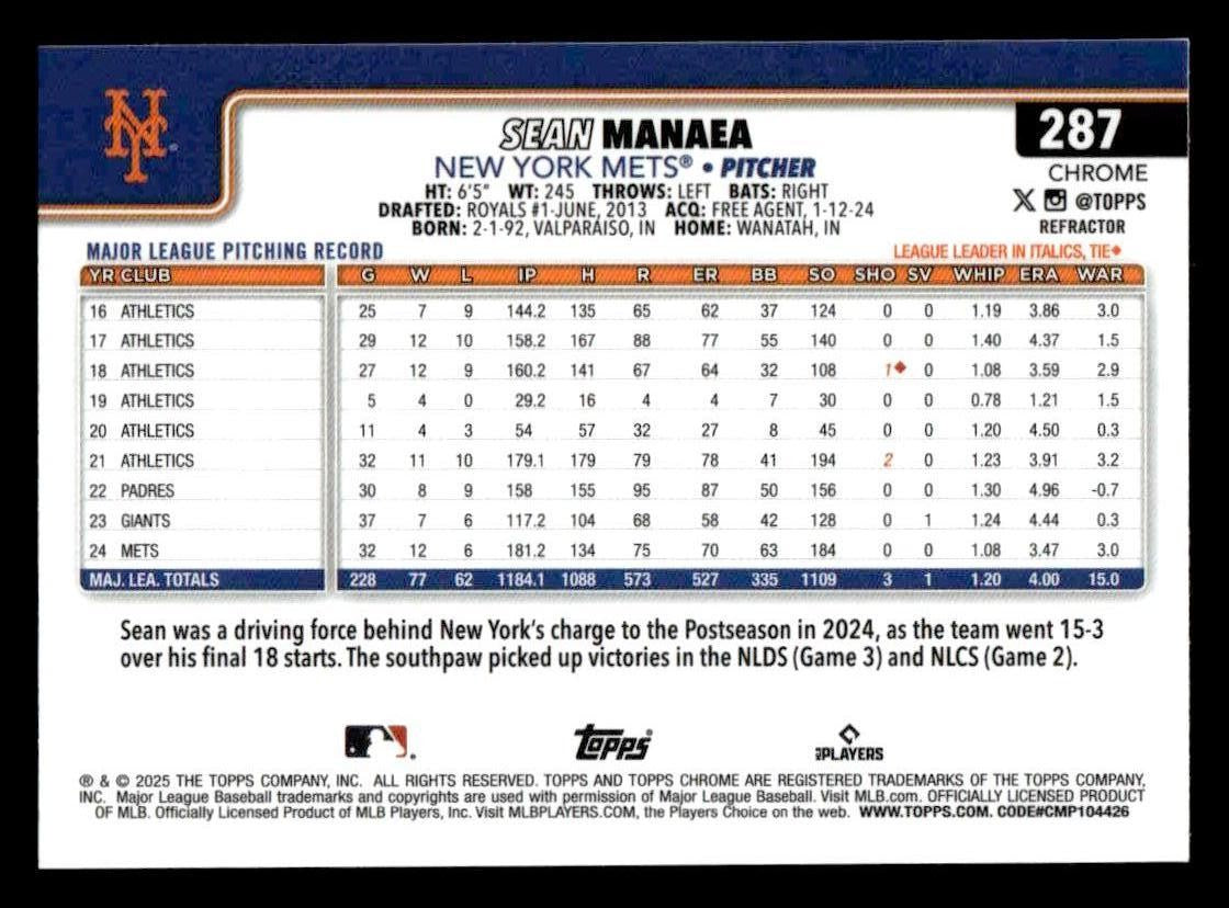 2025 Topps Chrome #287 Sean Manaea Refractors