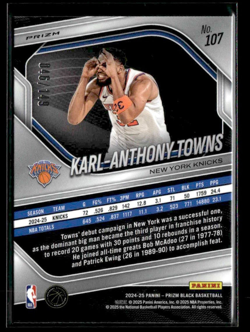 2024-25 Panini Prizm Black #107 Karl-Anthony Towns Purple Ice #/149