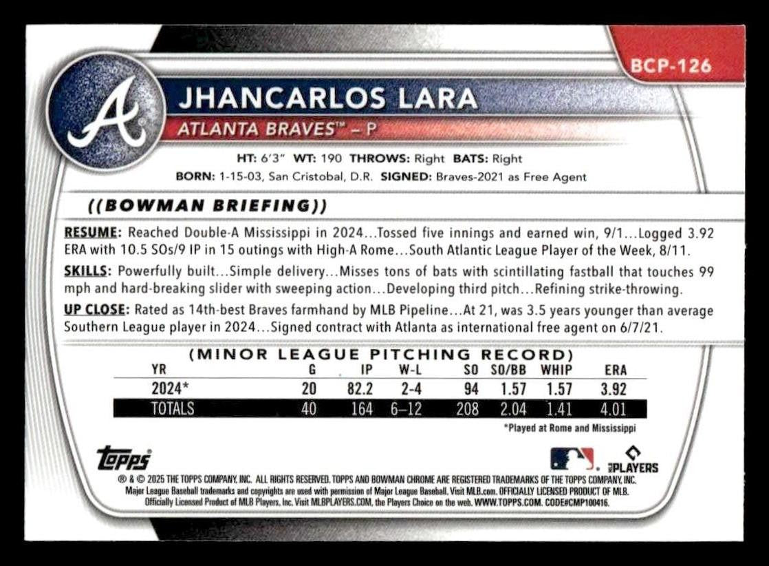 2025 Bowman #BCP-126 Jhancarlos Lara Chrome Prospects