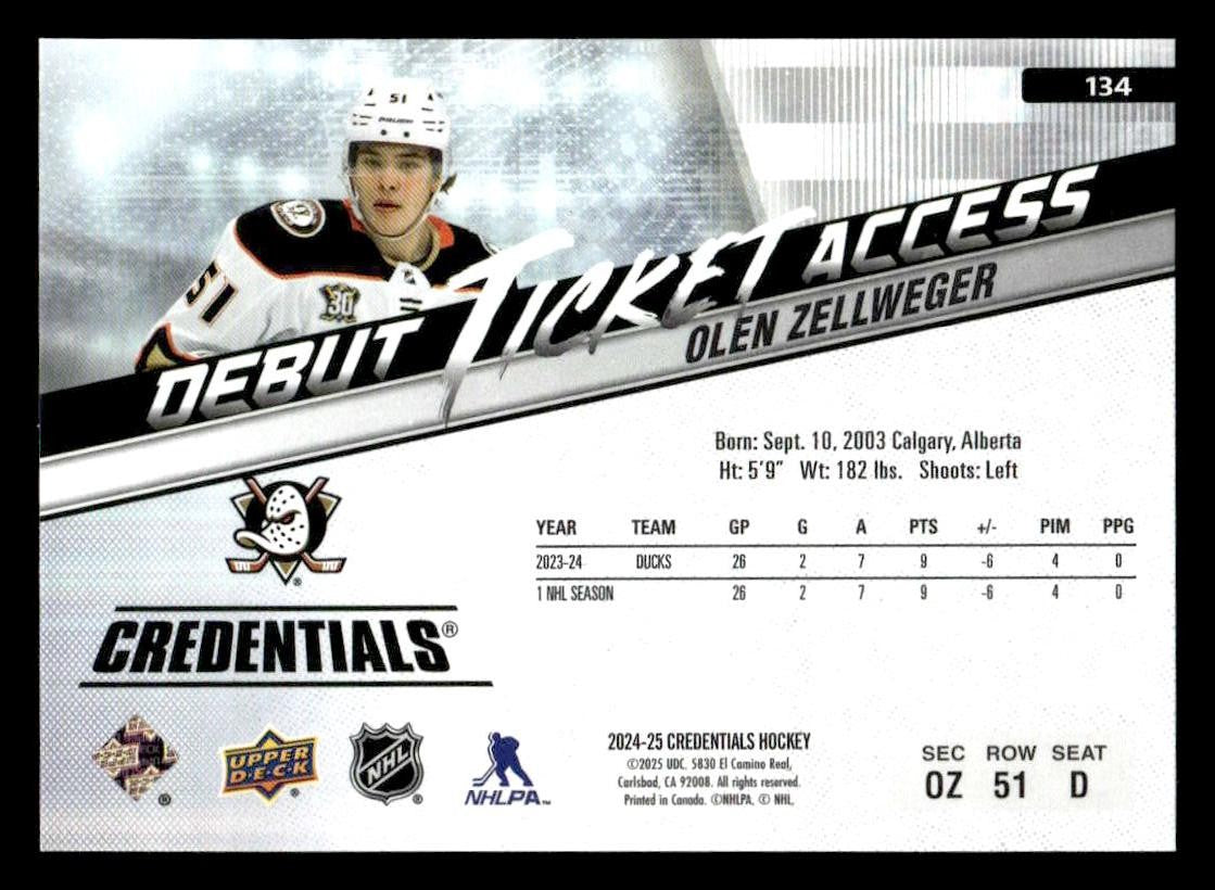 2024-25 Upper Deck Credentials #134 Olen Zellweger Debut Ticket Access