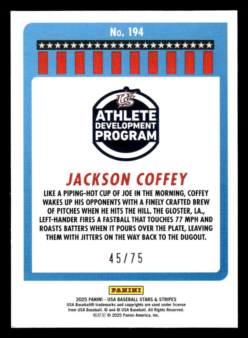 2025 Panini Stars and Stripes USA Baseball #194 Jackson Coffey Orange #/75