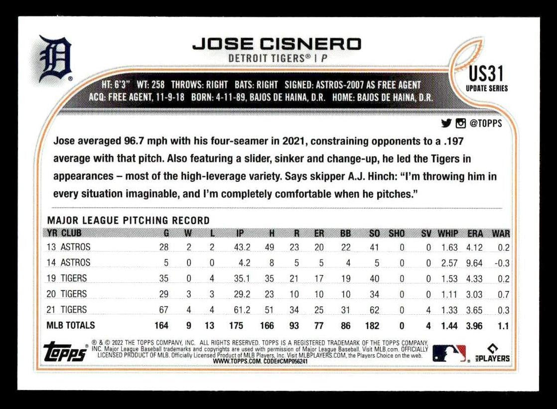 2022 Topps Update #US31 Jose Cisnero