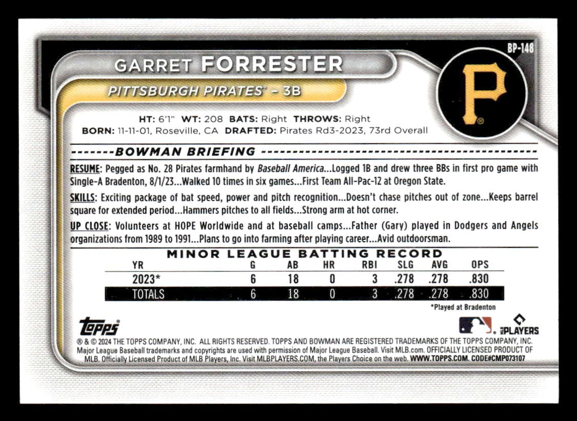 2024 Bowman #BP-148 Garret Forrester Prospects