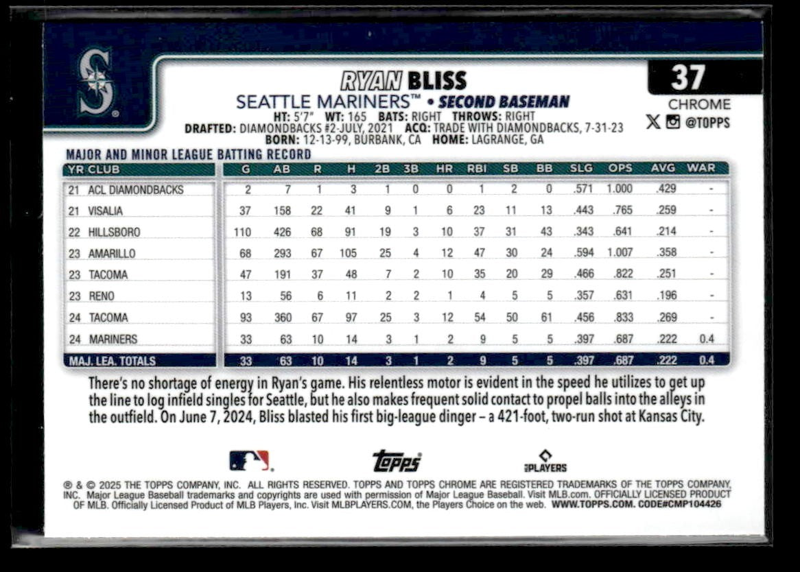 2025 Topps Chrome #37 Ryan Bliss Prism Refractors