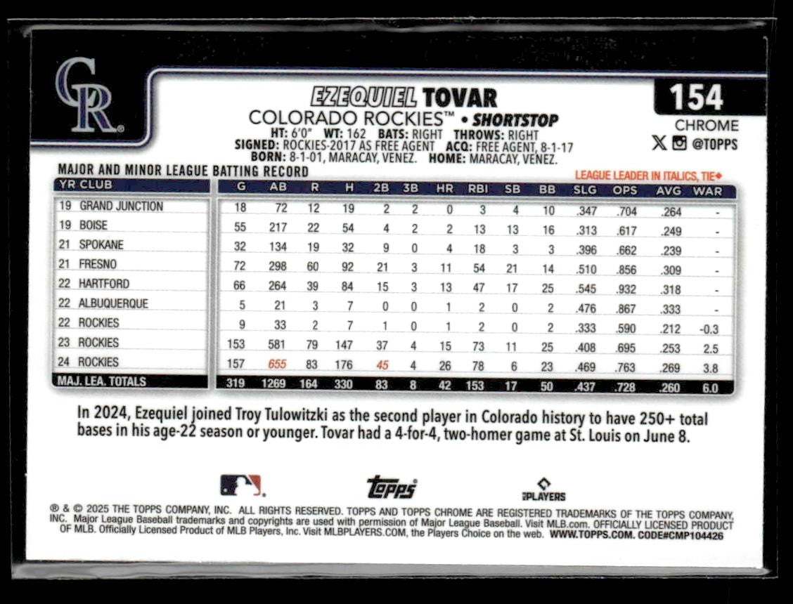 2025 Topps Chrome #154 Ezequiel Tovar