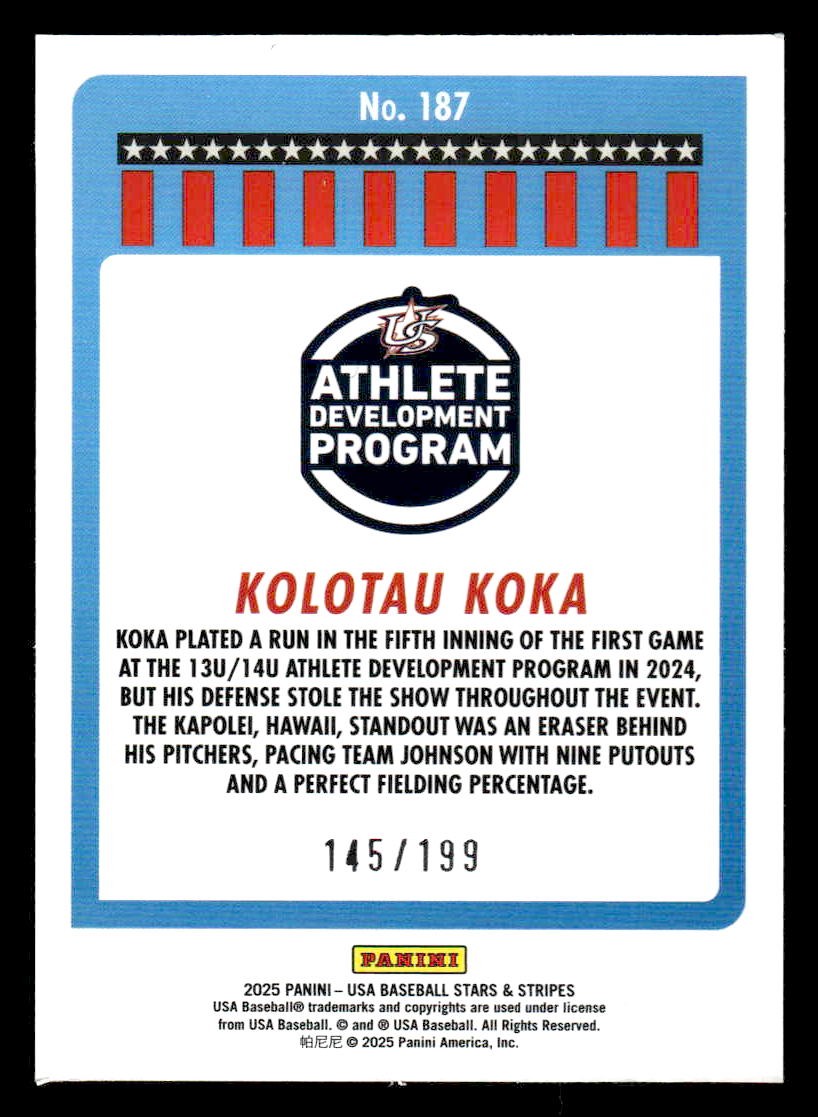 2025 Panini Stars and Stripes USA Baseball #187 Kolotau Koka Red #/199