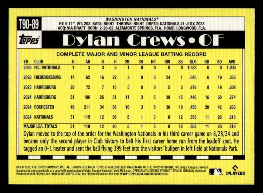 2025 Topps #T90-89 Dylan Crews 1990 Topps Baseball 35th Anniversary