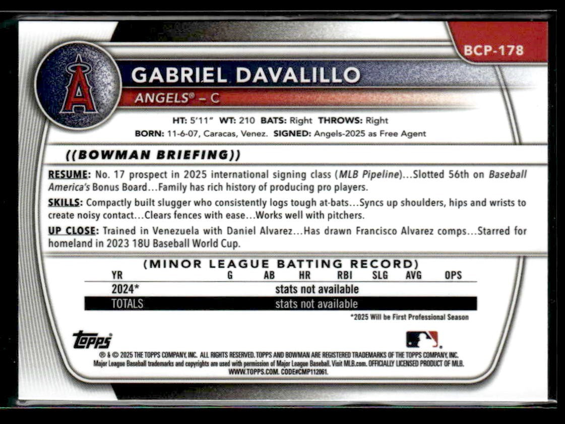 2025 Bowman Chrome #BCP-178 Gabriel Davalillo